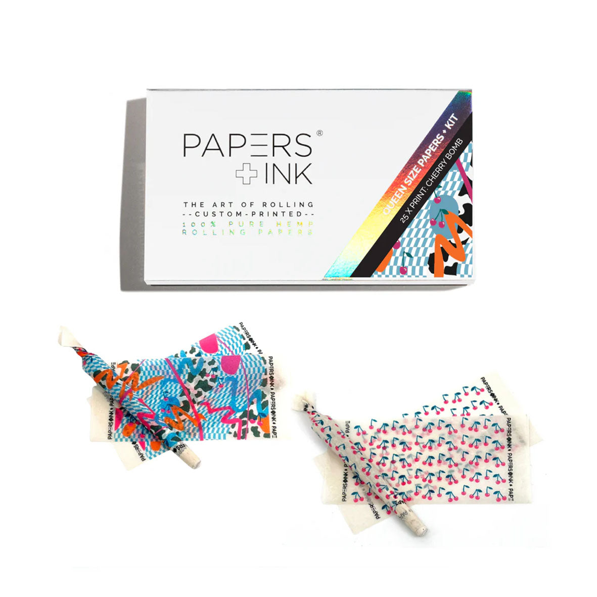 Cherry Bomb papers von apers&Ink im Ful Premium Kit. Vegan bedruckte Papers im Look&Feel von Gen Z und Cherry. Perfekte Premium papers zum drehen von bunten Joints.