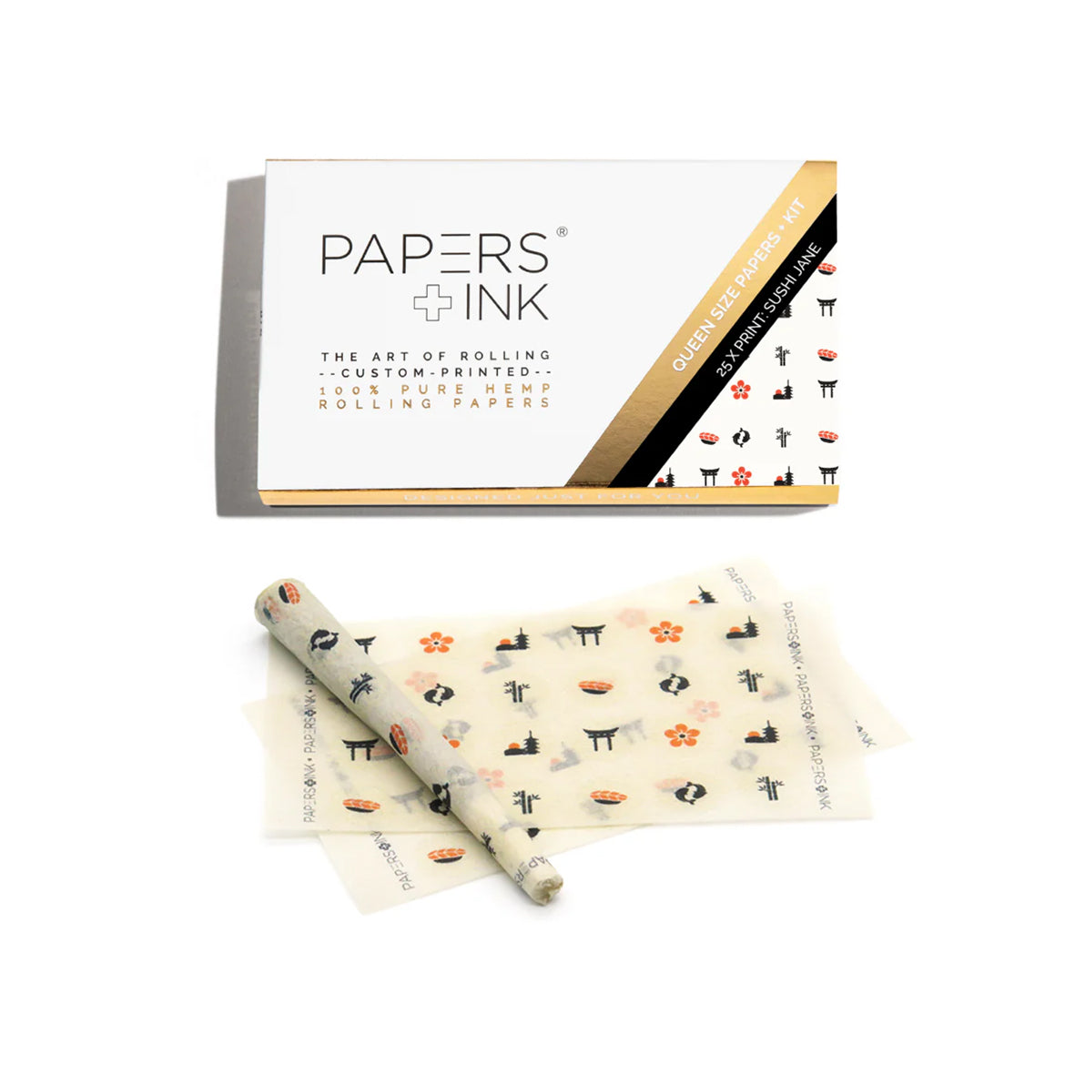 Sushi bedruckte joint papers von papers&Ink aus Los angeles. Vegane und bunt bedruckte papers für das drehen von joints im premium full kit mit tips und drehanleitung für den perfekten joint.