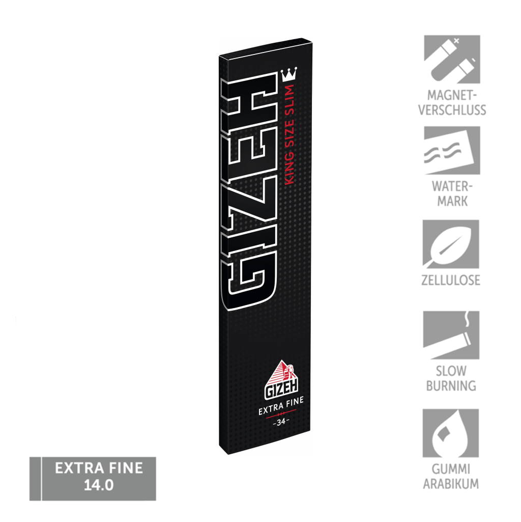 GIZEH BLACK® King Size Slim – Frontal stehend, Produktgrafiken gut sichtbar