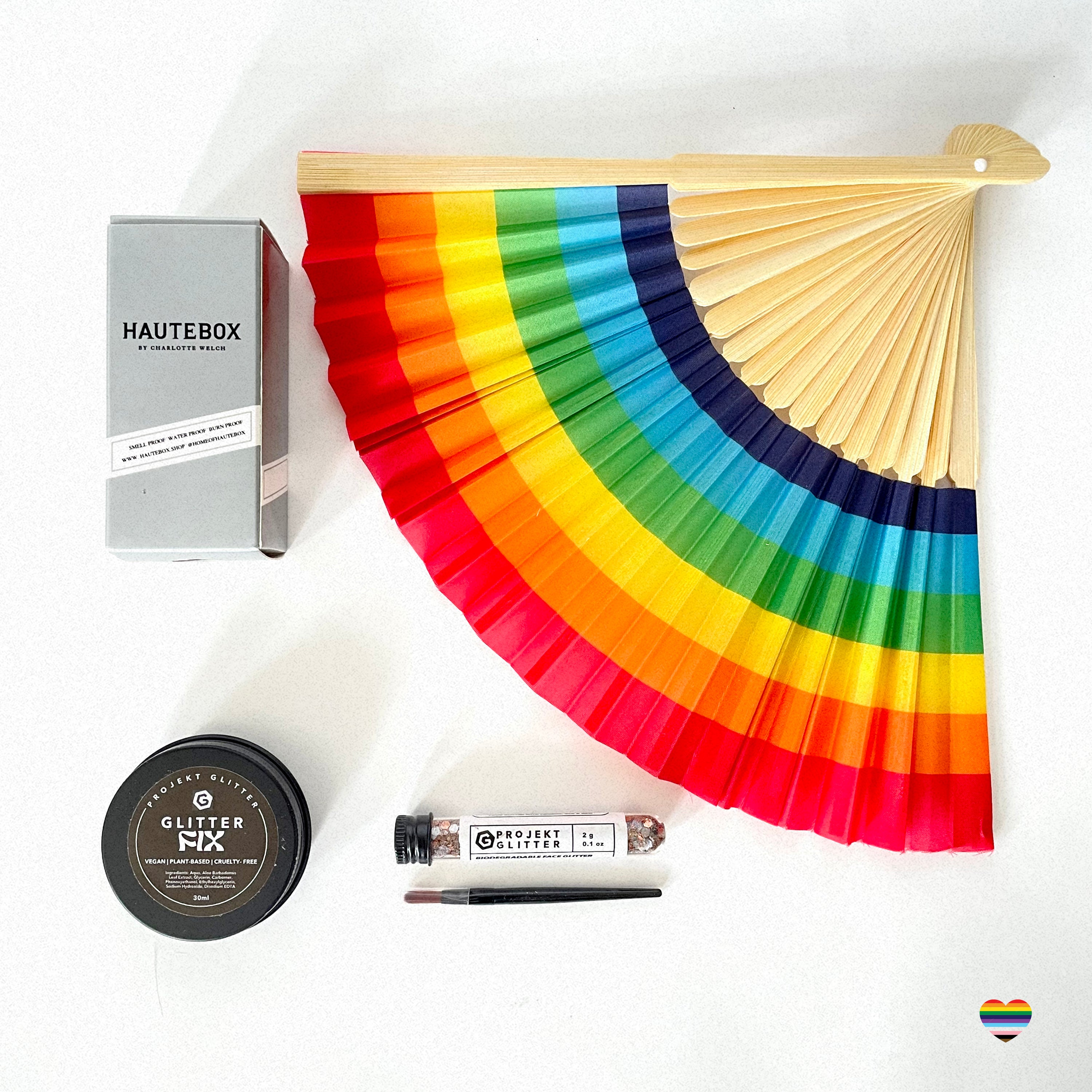 Pride #2 Cannabis Geschenkbox mit Hautebox von Charlotte Welch, buntem Handfächer und buntem Glitter von Projekt