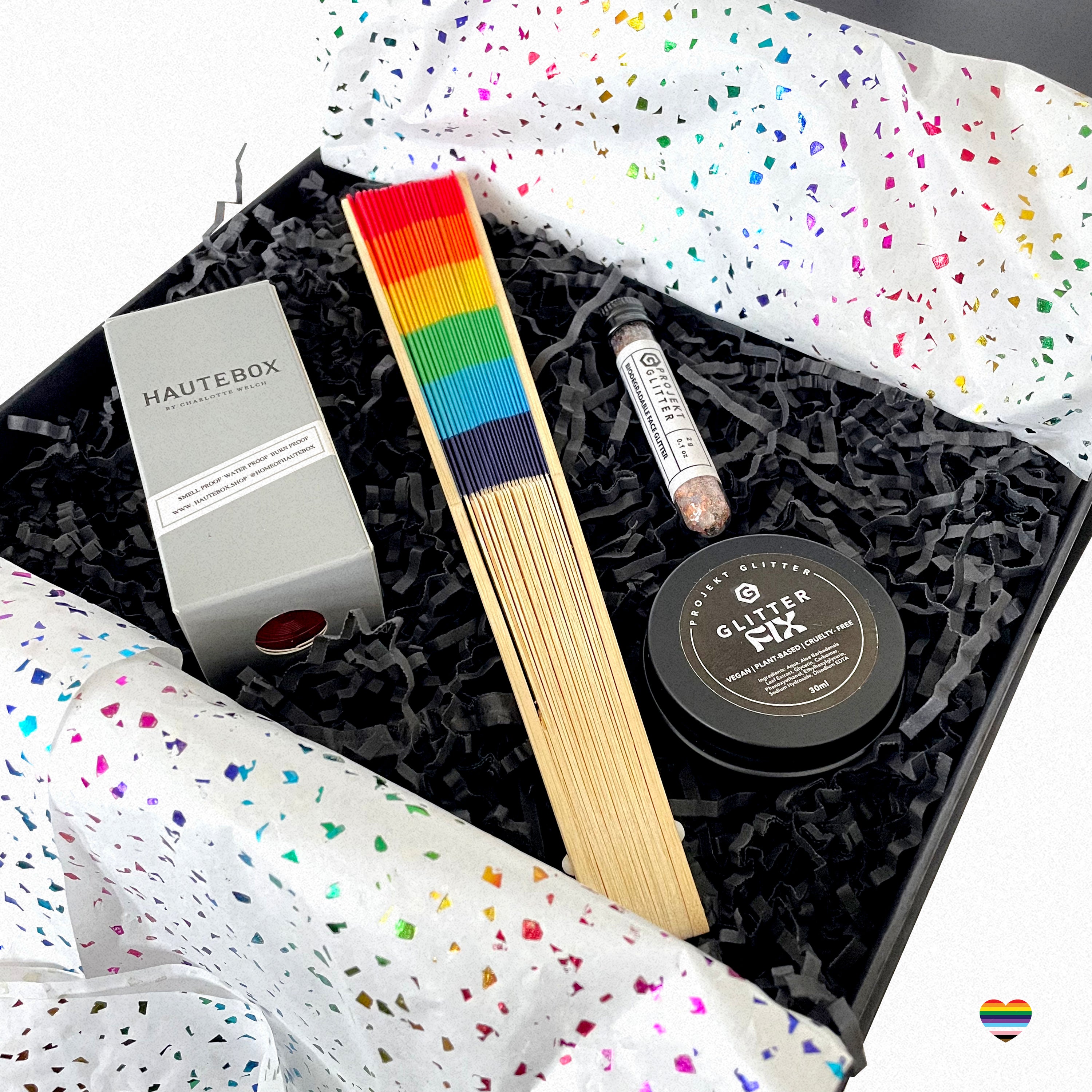 Pride #2 Geschenkbox mit Handfächer, Glitter und Hautebox als Cannabis Behälter