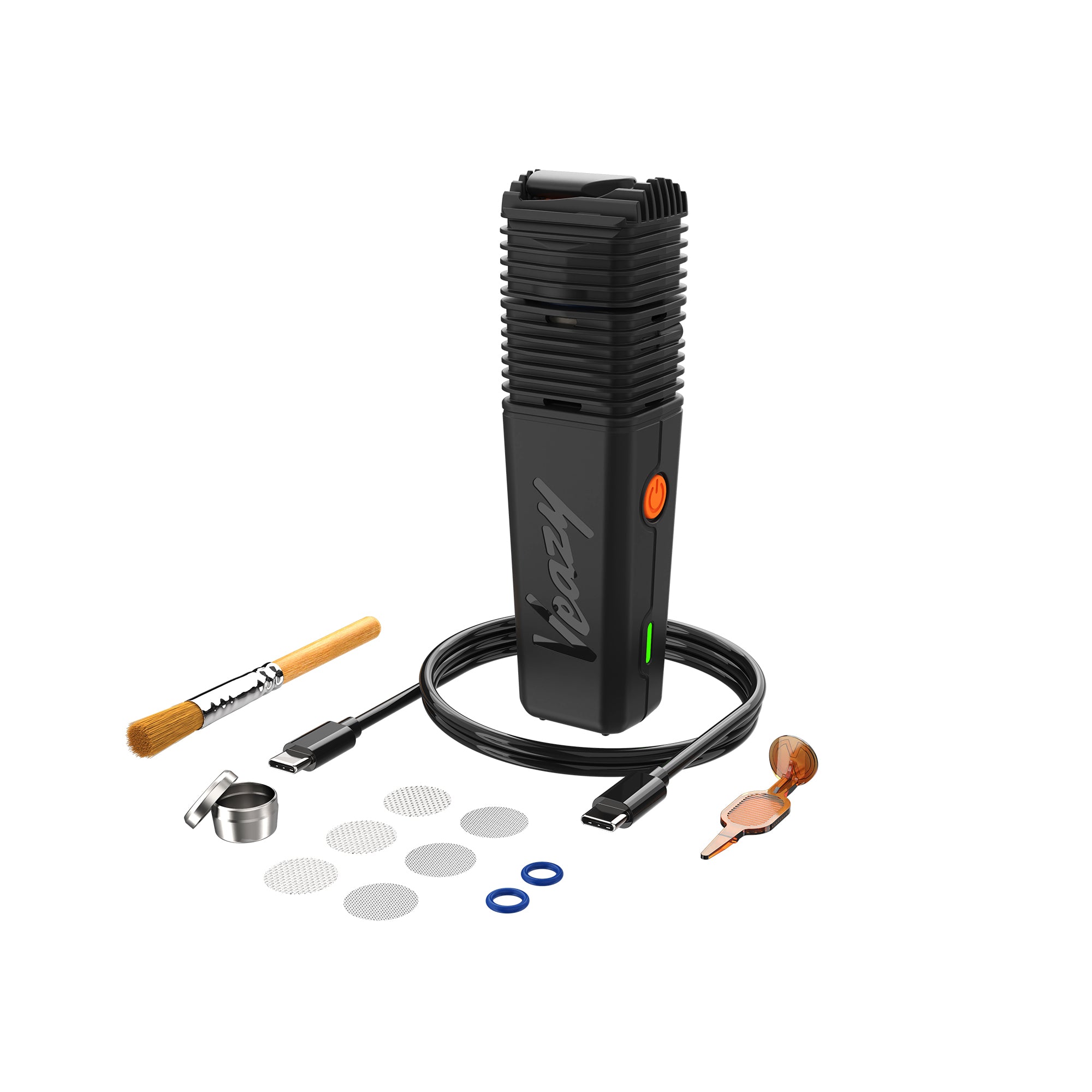 Veazy Vaporizer stehend mit komplettem Zubehör drumherum, Storz & Bickel, Made in Germany, ideales Verdampfen-Erlebnis.